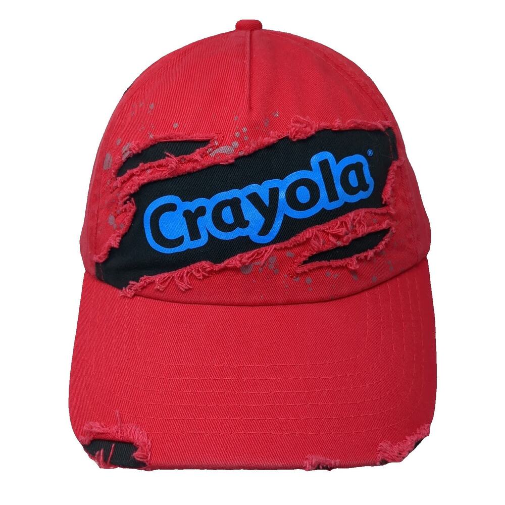 Crayola 5 Panel Red Hat One Size Cotton Frayed Paint Splatter Logo Strapback